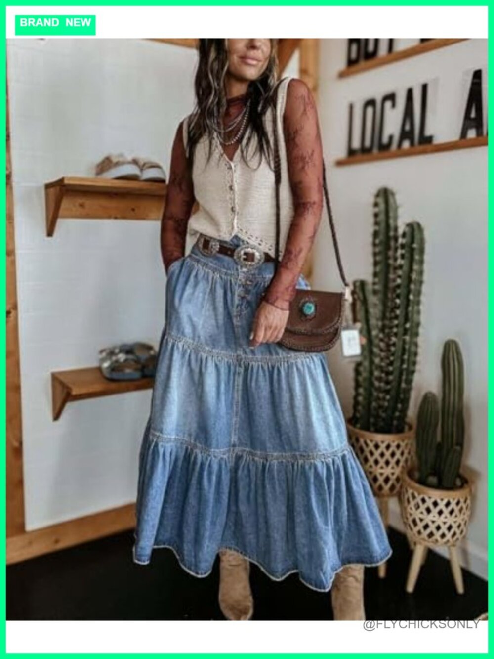 High Waist Denim Maxi Skirt Button Boho Flowy Pleated Tiered Ruffle Swing - Picture 2 of 6